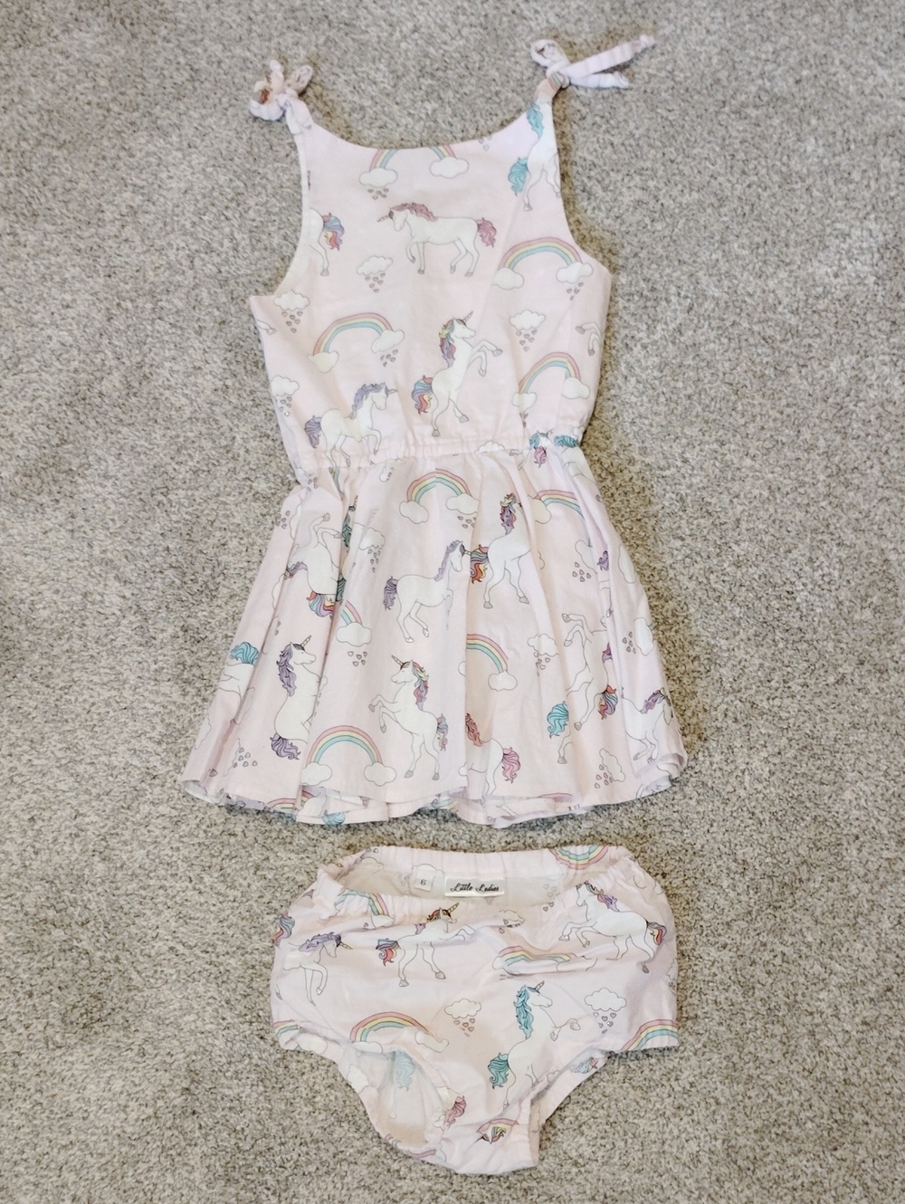 Girls' Pink Unicorn & Rainbow Tie-Shoulder Dress with Bloomers